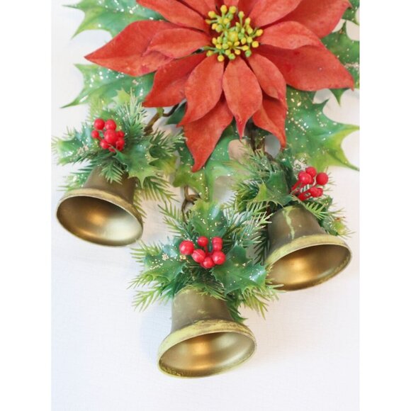 Vintage Christmas Flocked Poinsettia with Bells Wall Hanger Plastic - Picture 4 of 7